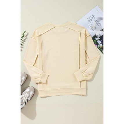 Beige Splicing Round Neck Pullover Sweatshirt