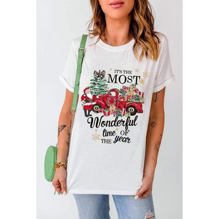 White Christmas Pattern Slogan Print Crew Neck T Shirt