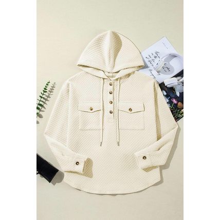 Apricot Textured Buttoned Neckline Side Pockets Hoodie