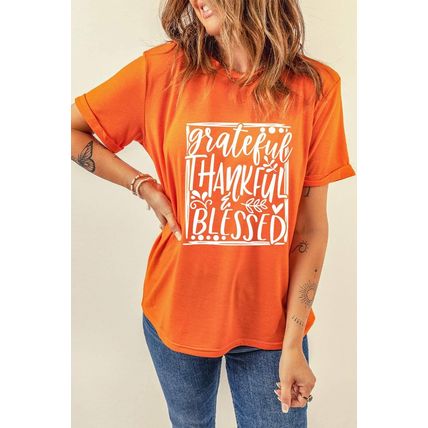 Orange Grateful Thankful Blessed Printed Thanksgiving T Shirt