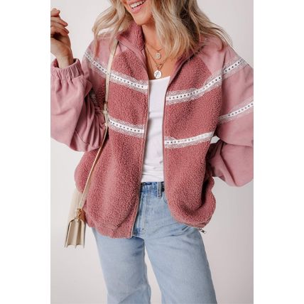 Rose Pink Sherpa Patchwork Lace Elastic Cuff Zip Up Jacket