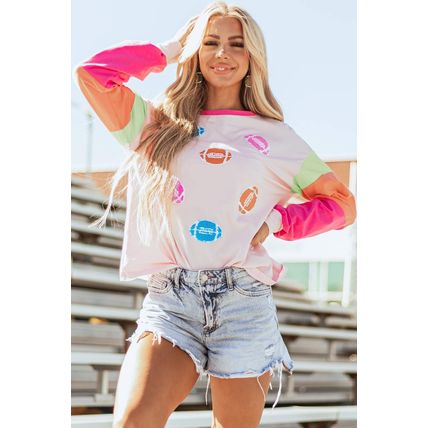 Pink GAME DAY Rugby Football Graphic Color Block Sleeve Top