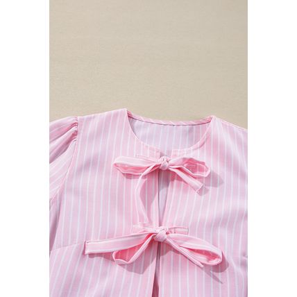 Pink Stripe Bowknot Front Crew Neck Puff Sleeve Blouse