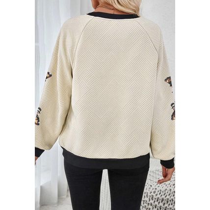 Jet Stream Textured Colorblock Edge Sequin Turkey Graphic Long Sleeve Top