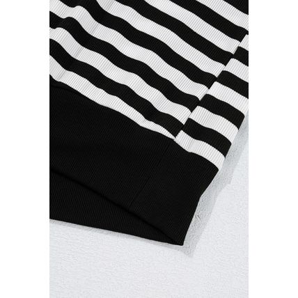 Black Stripe Crochet Hollow-out Back Buttoned Shoulder V Neck Top