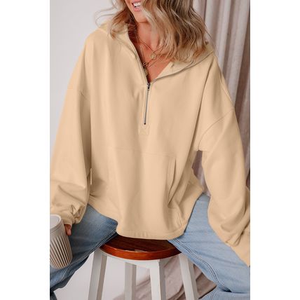 Parchment Fleece Lined Half Zipper Kangaroo Pockets Loose Hoodie