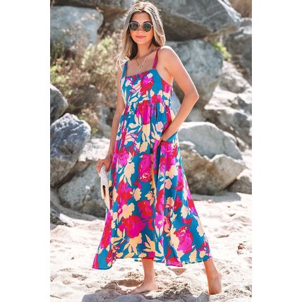 Dark Blue Floral High Waist Sleeveless Flared Long Dress