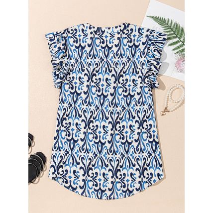 Sky Blue Boho Abstract Print Pintuck Detail Ruffled Top