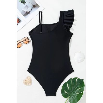 Black Asymmetric Ruffle Shoulder Pleated One Piece Swimsuit
