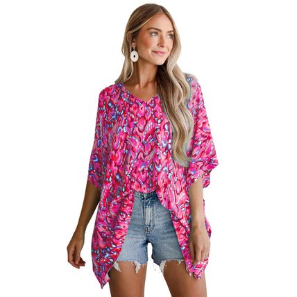 Pink Abstract Print V Neck Half Sleeve Loose Fit Tunic Blouse
