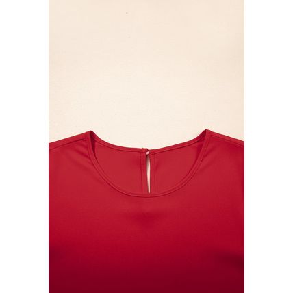 Fiery Red Ruffle Trimmed 3/4 Sleeve Round Neck Blouse