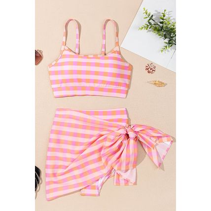 Pink 3pcs Gingham High Waist Bikini & Sarong