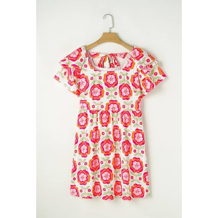 Rose Floral Print Square Neck Lace up Back Ruffled Sleeve Dress
