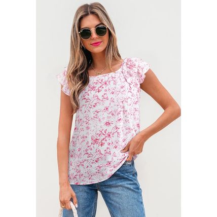 Pink Floral Ruffled Short Sleeve Bow Back Square Neck Blouse