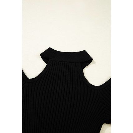 Black Ribbed Knit Cold Shoulder Choker Neck Sweater