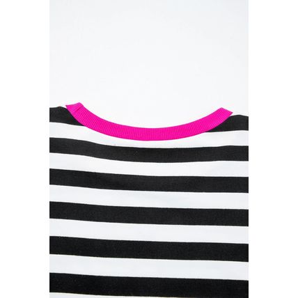 Black Stripe Contrast Ribbed Banding Long Sleeve Blouse Loose Shorts Set