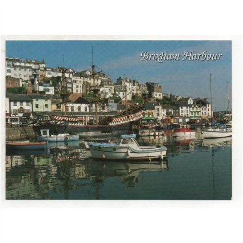 Brixham Harbour view of fishing boats Golden Hinde quaint houses Hinde postcard