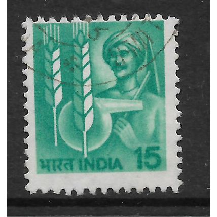 INDIA 1979 15p GREEN FARMER & AGRICULTURAL SYMBOLS SG 923 FINE USED#