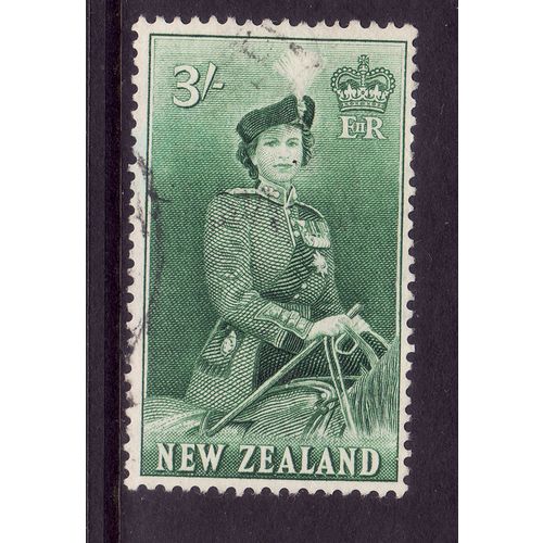 NEW ZEALAND 1954 SG 734 3s BLUISH GREEN QUEEN ELIZABETH II FINE USED#3