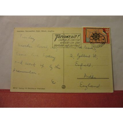 EIGER, MONCH & JUNGFRAU, INTERLAKEN, SWITZERLAND used postcard 1954 postmark #