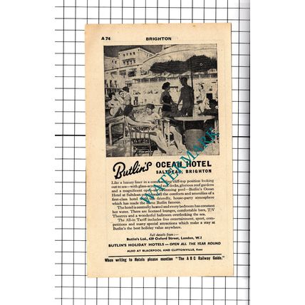 Hotel Metropole Brighton / Butlin's Ocean Hotel Brighton Advert - 1958 Cutting