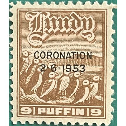 Lundy 1953 Coronation 9d black o/p Beige Mounted Mint MM SG 106 Stamp Puffin