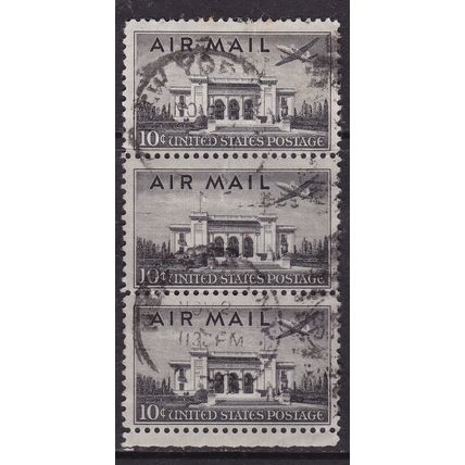 United States Postmark New York 1947 Air Mail 10c strip of 3 VGC
