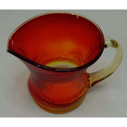 Vintage Hand Blown Crackle Glass Amberina Mini Pitcher Creamer Applied Handle 3"