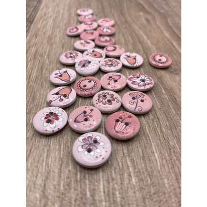15mm Pink Flower Printing Wooden Buttons Sewing Scrapbooking Cardigans Knitting