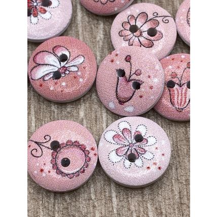 15mm Pink Flower Printing Wooden Buttons Sewing Scrapbooking Cardigans Knitting