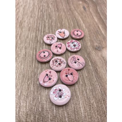 15mm Pink Flower Printing Wooden Buttons Sewing Scrapbooking Cardigans Knitting