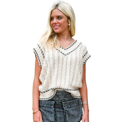 White Contrast Trim V Neck Cable Knit Sweater Vest
