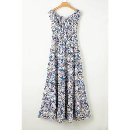 Blue Boho Paisley Print Off Shoulder Maxi Dress