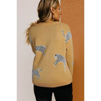Camel Fuzzy Cheetah Accent Round Neck Sweater