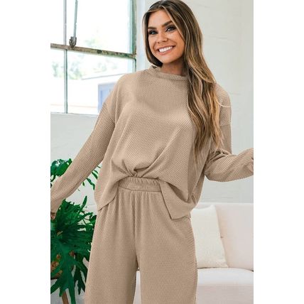 Smoke Gray Loose Textured Pullover and Pants Outfit