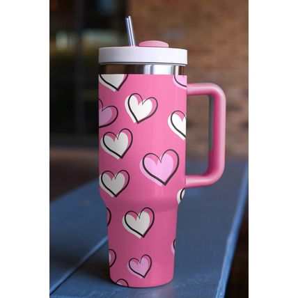 Rose Red Valentines Heart Printed Thermos Cup with Handle