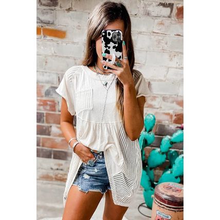 White Hollow Knit Splicing Keyhole Back Tunic Top