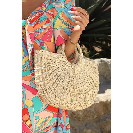 Beige Bamboo Weaving Semicircle Tote Handbag