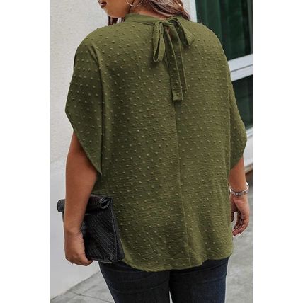 Moss Green Plus Size Swiss Dot Mock Neck Tied Nape Top