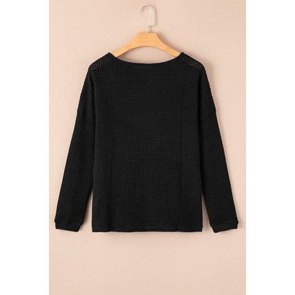 Black Waffle Knit Drop Shoulder Long Sleeve Top