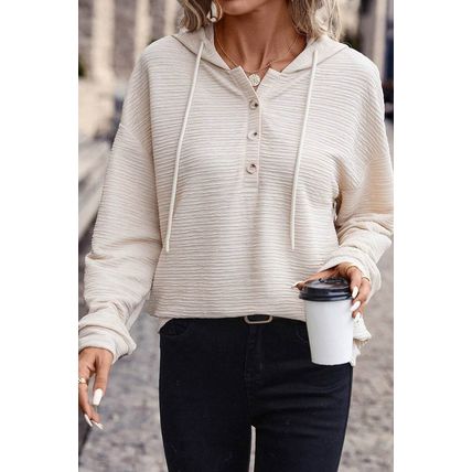 Apricot Solid Textured Drawstring Henley Hoodie