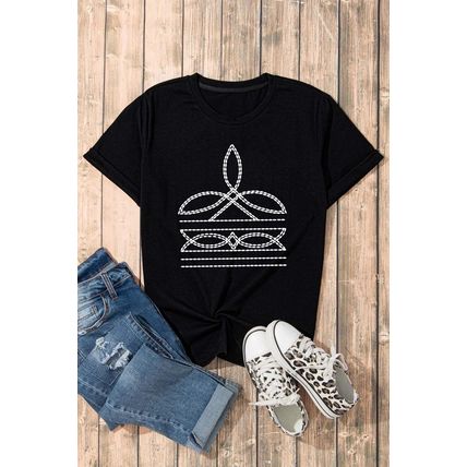 Black Western Pattern Print Slim Fit Crew Neck T Shirt