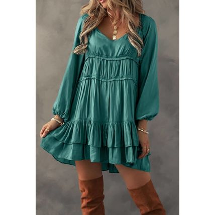 Mist Green Tiered Ruffled Puff Sleeve Loose Fit Mini Dress