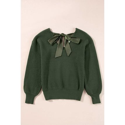 Jungle Green Lantern Sleeve V Neck Knot Back Sweater
