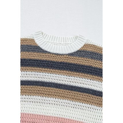 Pink Stripe Color Block Eyelet Knit Short Sleeve Sweater Tee