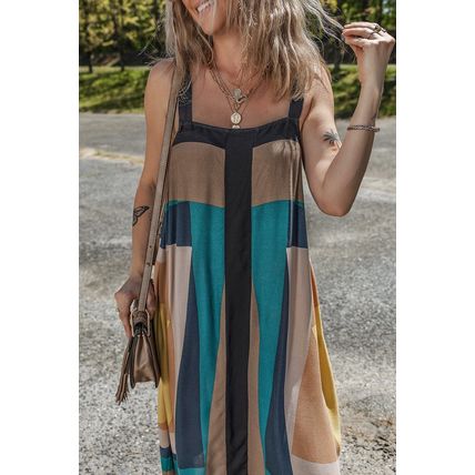 Brown Retro Geometric Printed Y Back Sleeveless Dress