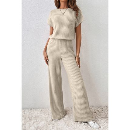 Oatmeal Ribbed Keyhole Short Sleeve Wide Leg Jumpsuit