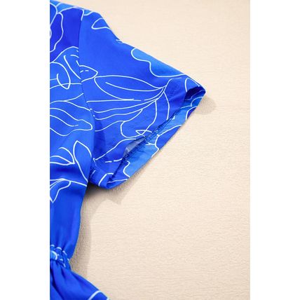 Blue Floral Ruffled Hem V Neck Short Sleeve Flowy Mini Dress