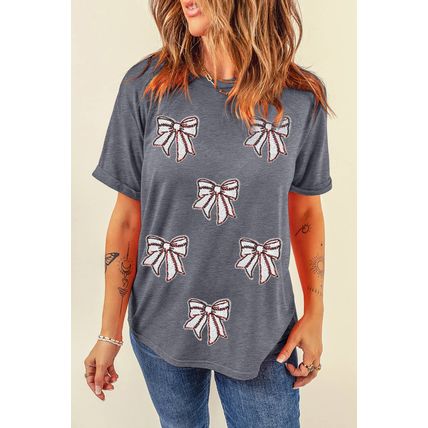 Gray Sequin Bow Baseball Fashion Graphic Tee