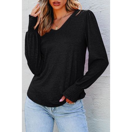 Black Shirred Shoulder Frilled Cuffs Long Sleeve Top
